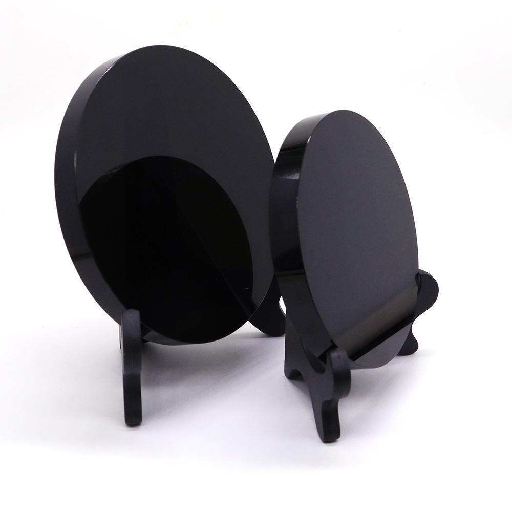 High Quality Natural Black Obsidian Stone Scrying Mirror Round Plate Fengshui Mirror For Crystal Home Decoration Gift With Shelf