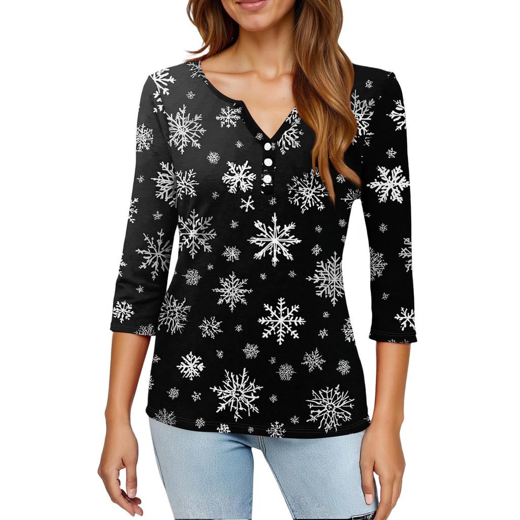 Women's Fashion Casual Christmas Tree Print V-Neck Decorative Button Three-Quarter Sleeve T-Shirt Top