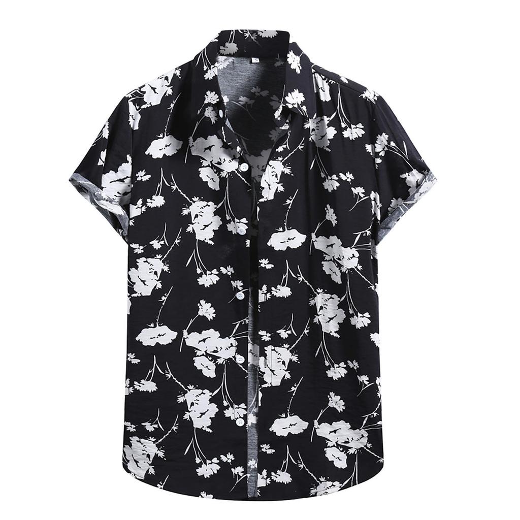 Men's Fashion Cotton Linen Print Short Sleeve Button Shirt Blouse Top