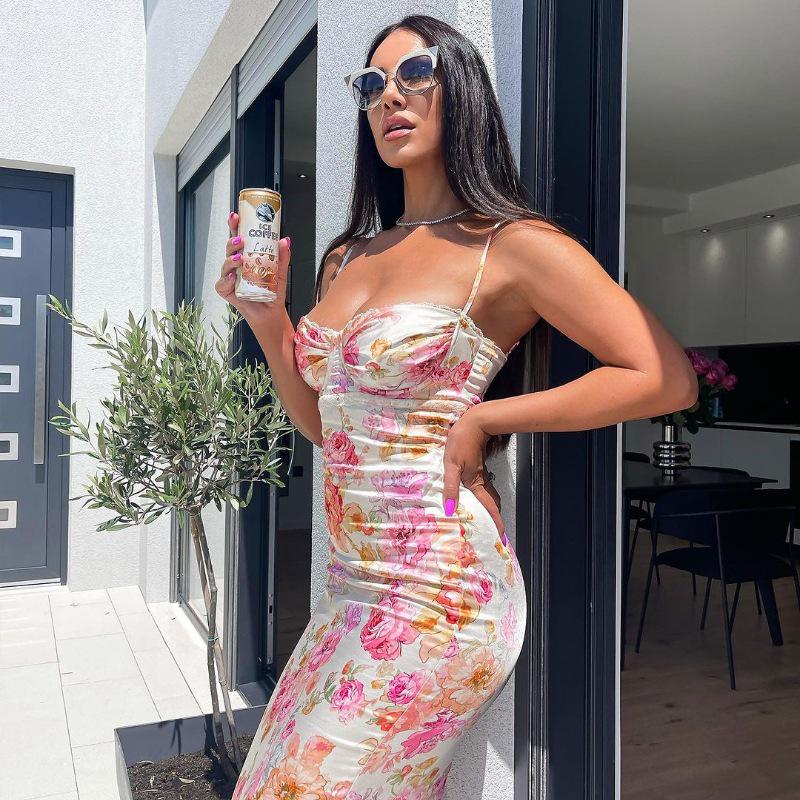 2024 Summer European & American Style Women's Printed Slim Backless Dress