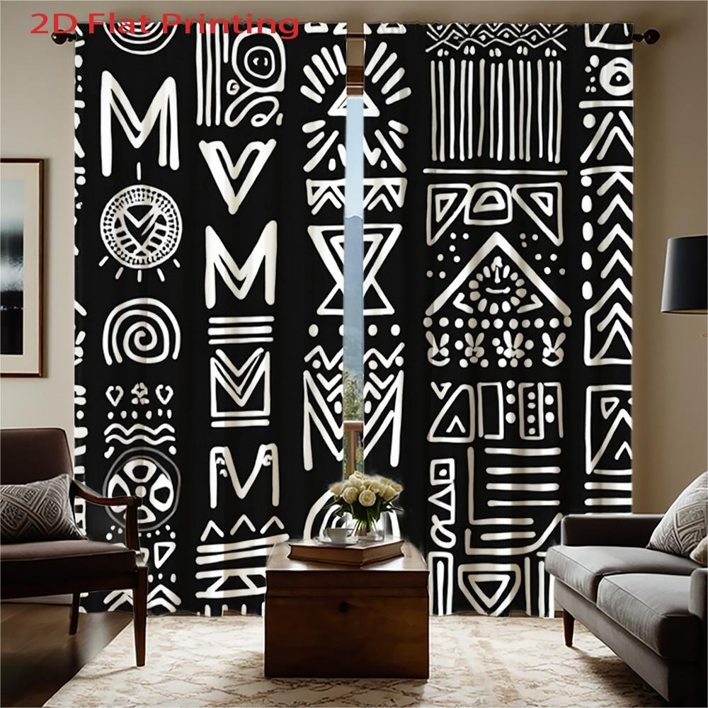 African Geometric Print Curtains Black White Semi Transparent Polyester Window Drapes Design Set Of 2 Made With Rod Pocket