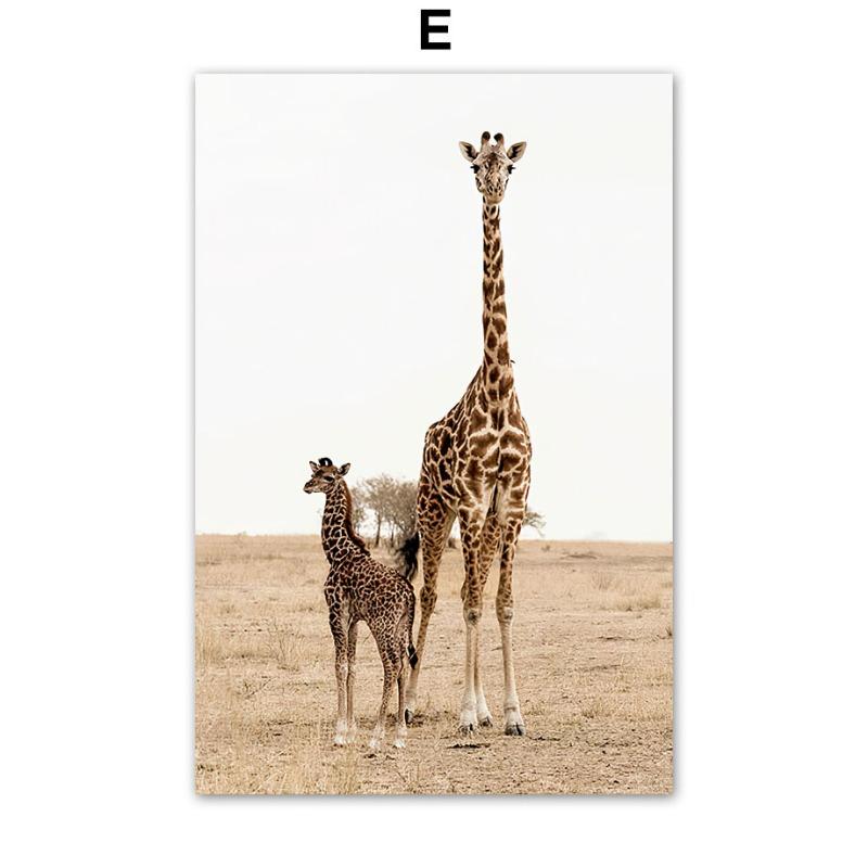 Löwe Giraffe Elefant Schilf Herbst Grasland See Wandkunst Leinwandmalerei Poster und Drucke Wandbilder für Wohnzimmerdekoration