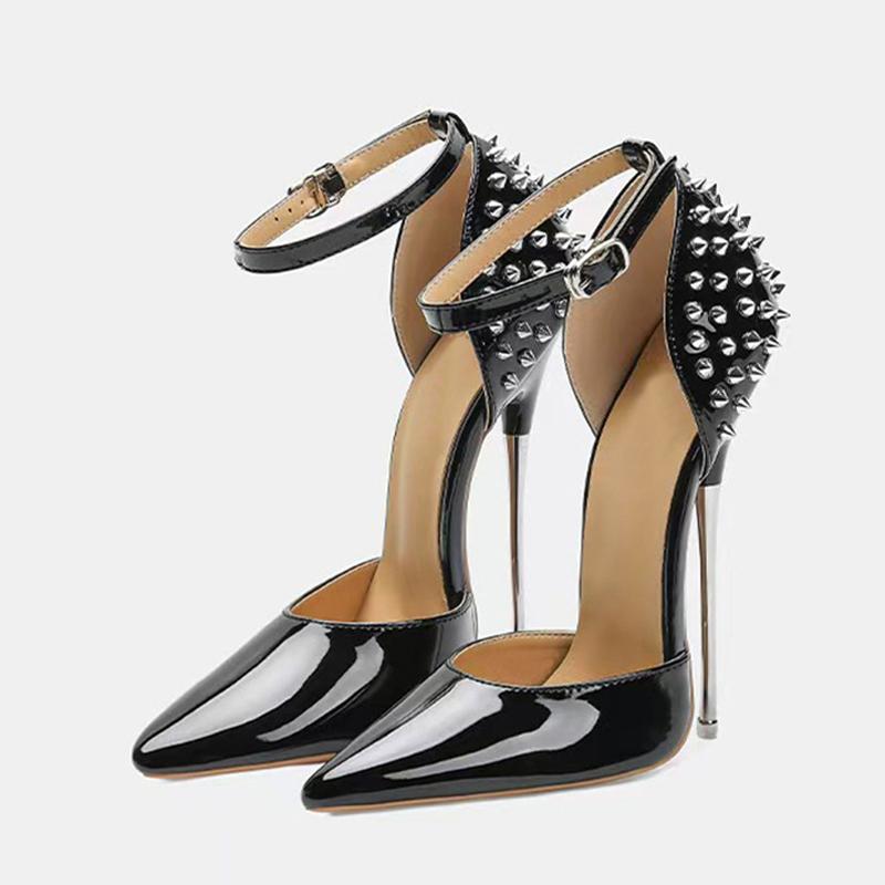 

Модная Liyke Сексуальная ремешок с заклепками Женские туфли-лодочки Черная лакированная кожа Острый носок Фетиш Супервысокий каблук Вечеринка Обувь для стриптиза Размер 46 35 чёрный