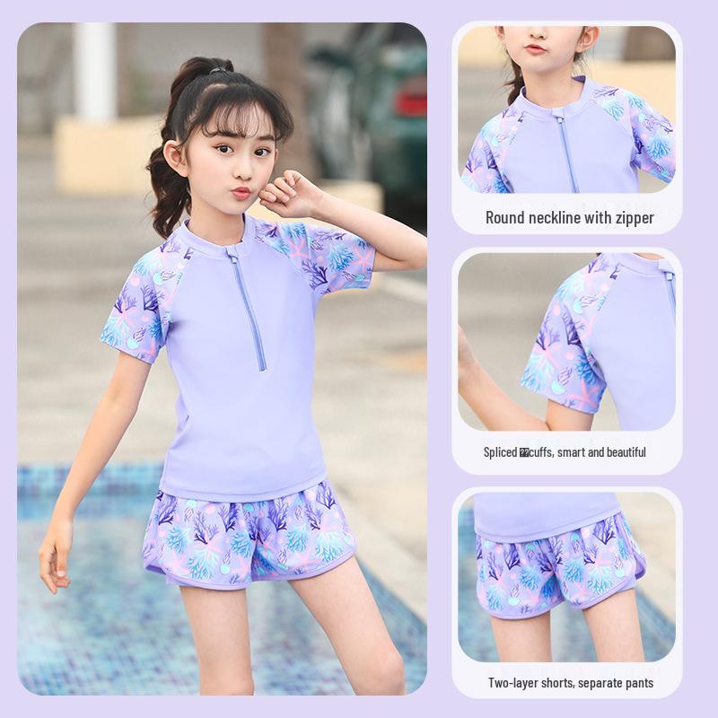2025 New Japanese Floral Girls' Swimsuit Set with Swim Cap for Training