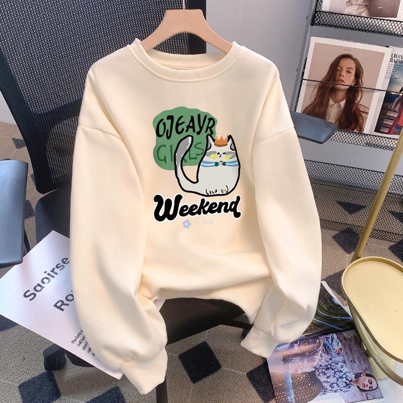 Women's 300g Chinese Cotton Sweatshirt, Cartoon Print, Korean-Style, Loose Fit, Versatile Casual Top for Spring and Autumn