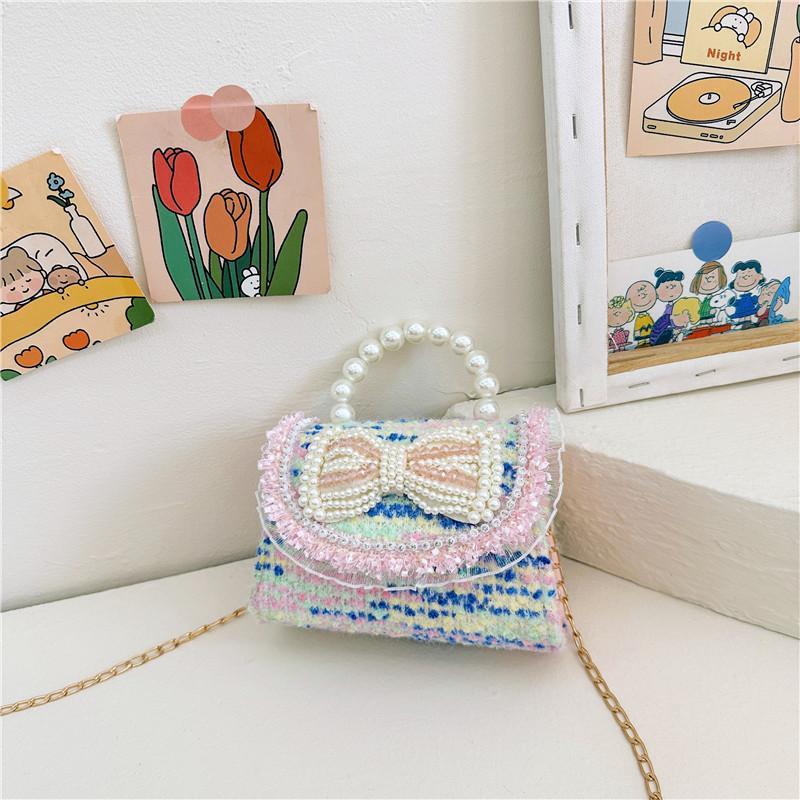 Colorful Sequin Kids Bag With Bowknot Stylish Pearl Handle Mini Crossbody Bag