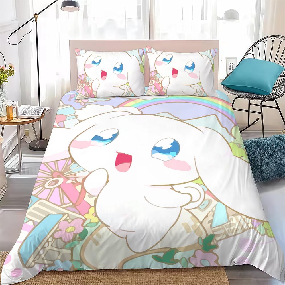 C-Cinnamoroll Kawaii Bettbezug-Set Heimstil Bettwäsche Weiche Baumwolle Wäsche Bett 3-teiliges Set Studentenschlafsaal Geschenk