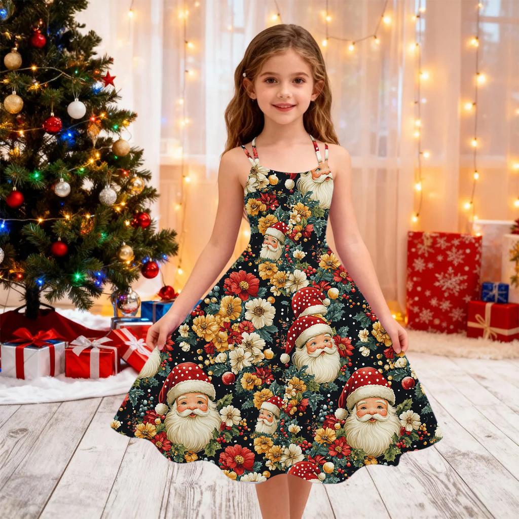 Kindermode Lässig Weihnachts-Print Sexy Schulterfrei Punk Retro Kleid