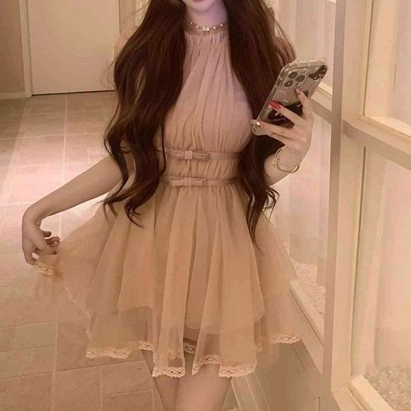 Drunk, naked pink neck bow irregular hem dress gentle wind sleeveless temperament celebrity mesh yarn