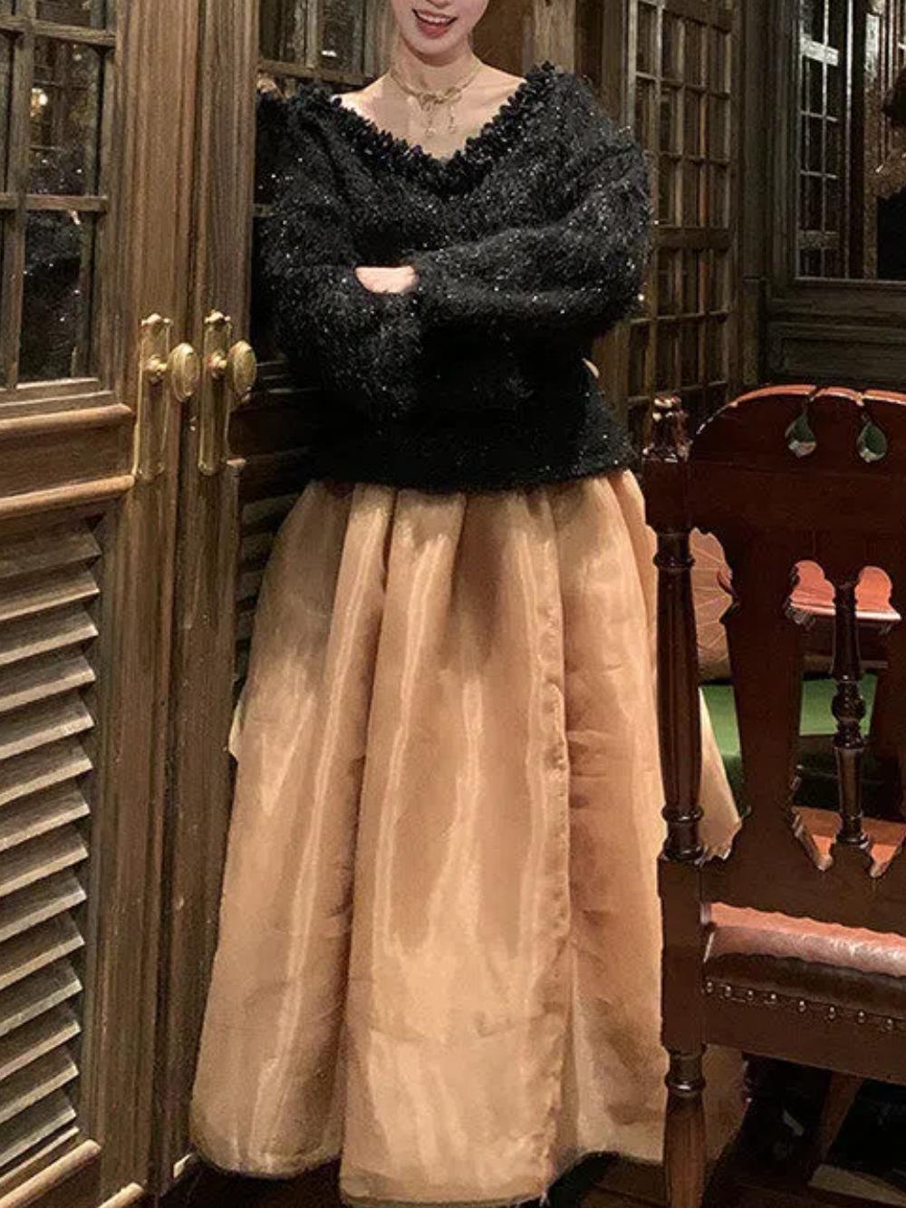 Блокбастер конца года: Шерстяной свитер с бусинами, бантом и марлевая юбка L