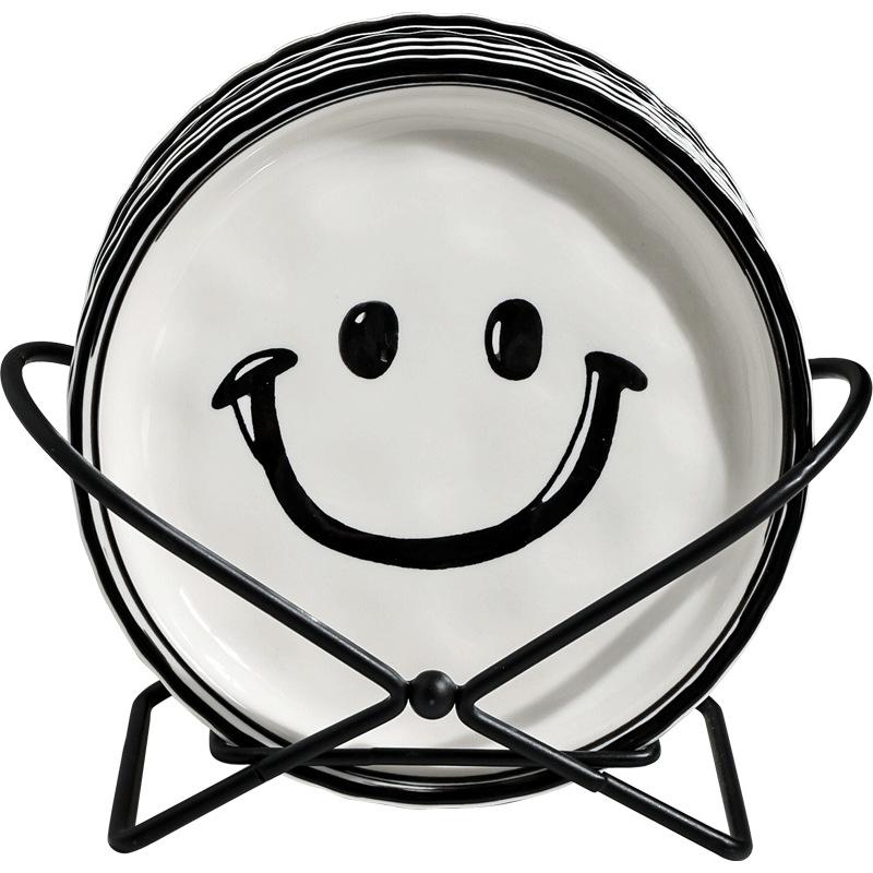 6PCS Smiling Plate Set Korean INS With Metal Rack Dessert Ceramic Plate Fruit Cake Dish Breakfast Bread Tray Dishs Decor Display
