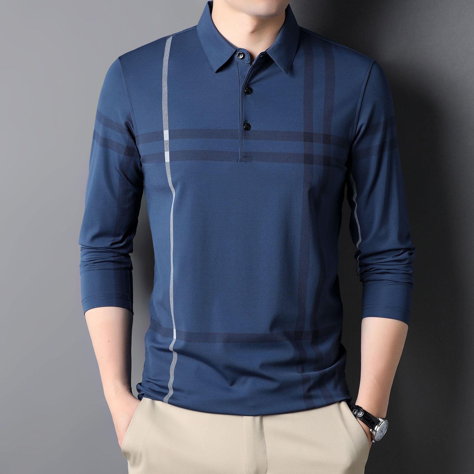 

Свободная рубашка-поло для мужчин, весенняя новая полосатая повседневная модная мужская футболка с лацканами и длинными рукавами с принтом 4XL