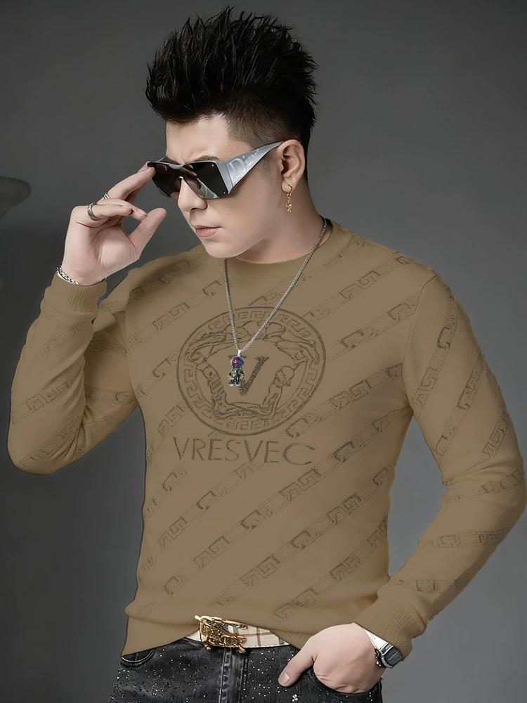 European Trendy Brand Rhinestone Sweater Men s Round Neck Knitwear 2025 Autumn and Winter New Style Warm and Stylish Design Sweater 2XL белый