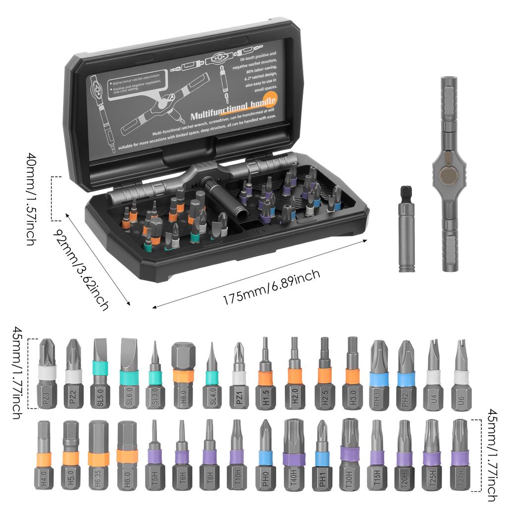 34 In 1 Ratchet Screwdriver Set Multi-functional Screwdriver Set with 32 Magnetic Drill Bits for Computer Glasses Repair Tools