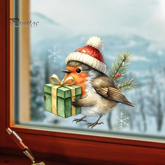 Easy Install Window Clings Christmas Bird Static Clings, PVC Waterproof Decals with Santa Hat And Glass Film Gift Box, Removable Stickers for Holiday