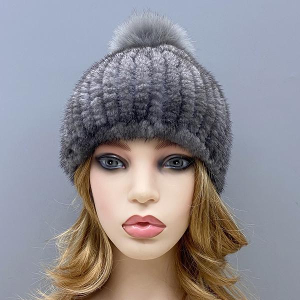 

Women Winter Fur Hat Pompom Beanies Natural Fox Mink Fur Knitted Headwear Female Warm Stylish Elastic Hats сірий