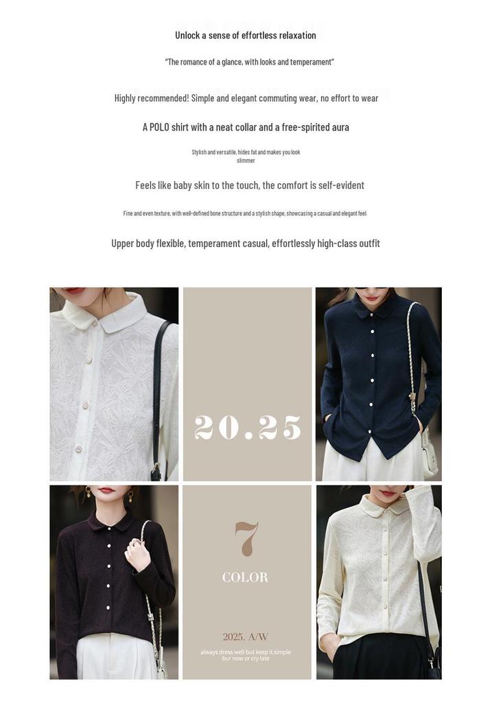 Women's Polo Collar Knit Cardigan - Autumn/Winter Jacquard Long Sleeve, Loose Fit, Versatile Design.