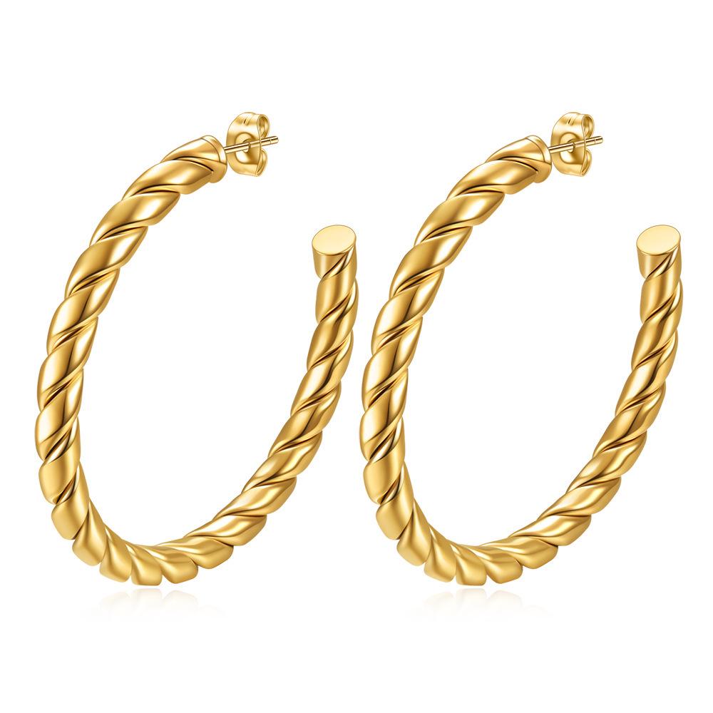 18K Gold 5MM Twisted Texture C-Shaped Open Stainless Steel Stud Earrings