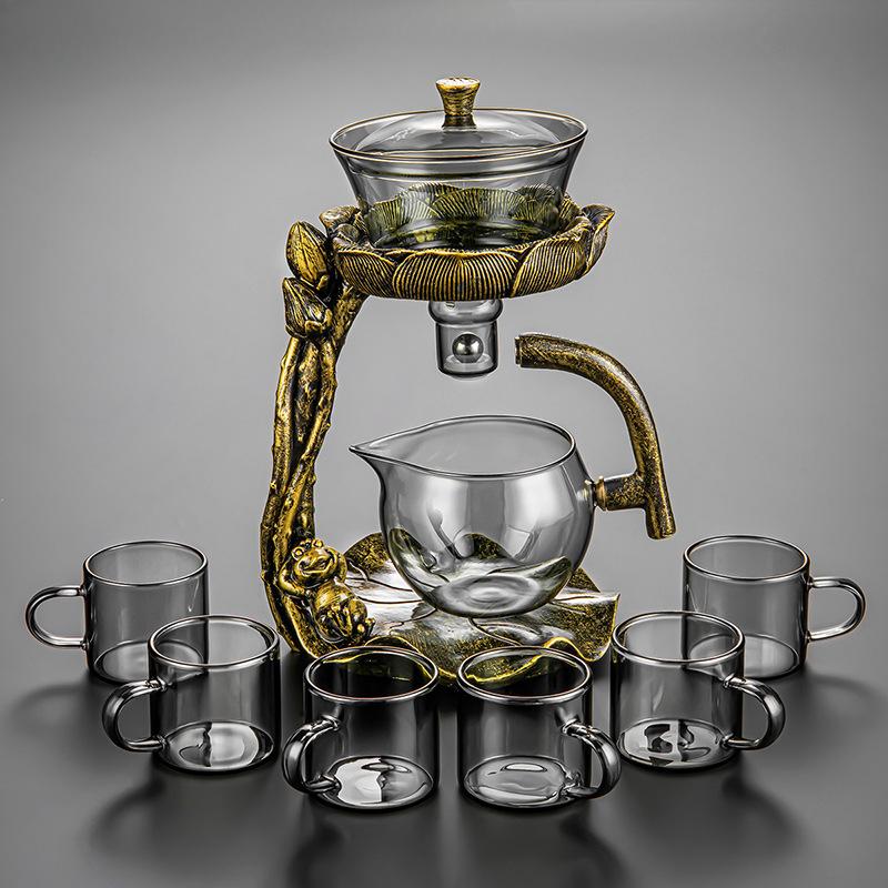 New Chinese Style Glass Lotus Autumn Light Lazy Automatic Teaware Set Business Gift High Borosilicate Glass Tea Maker