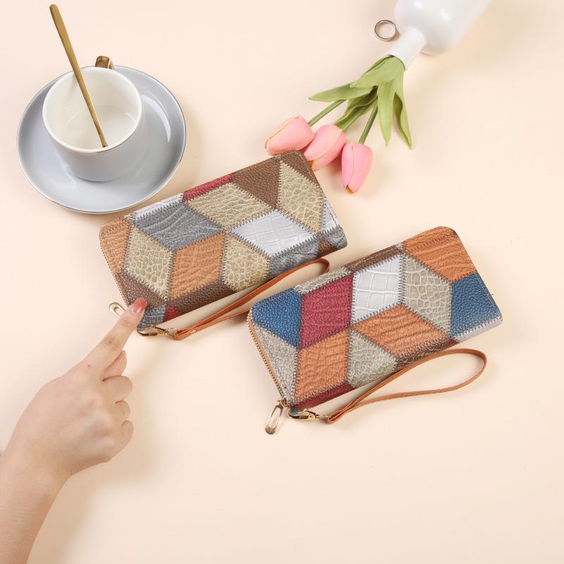 Vintage Lässig Kontrastfarben Blockfarben Langlebiges Langes Portemonnaie Reißverschluss Münzfach Clutches für Damen
