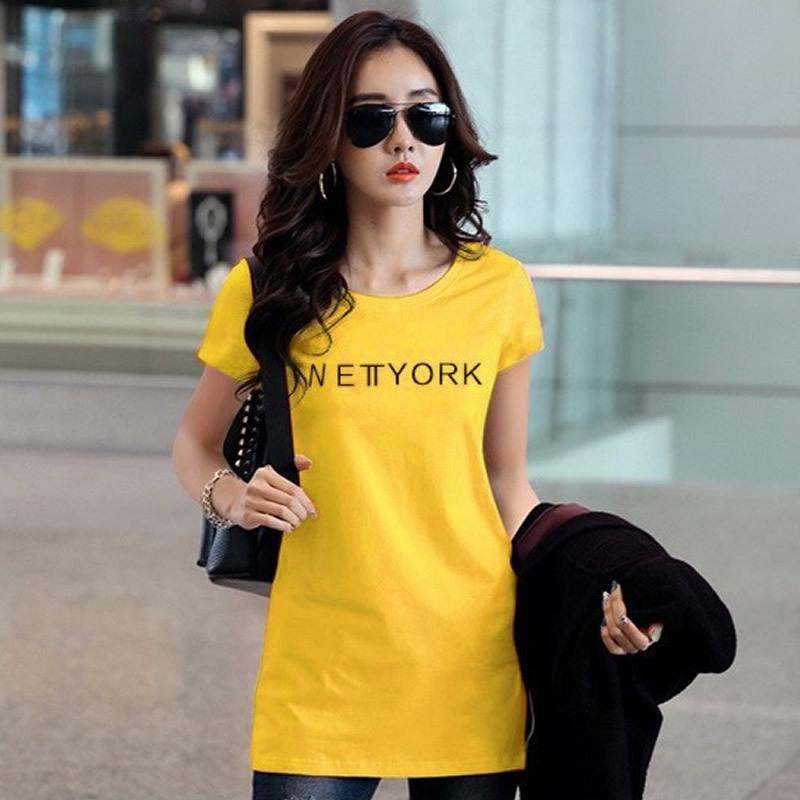 Women's Mid-Length Loose Letter T-Shirt, Korean Style Summer Casual Half-Sleeve White Top