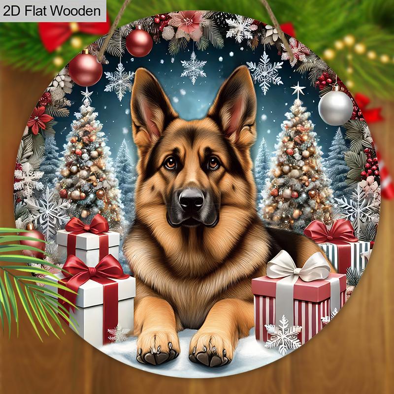 Christmas Wooden Sign with German Shepherd Pattern - Navidad Round Sign for Front Door, Wall Hanging Decor - Ideal Christmas Decoration