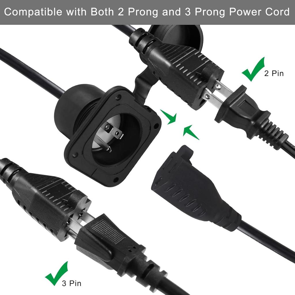 KUNCAN 15A AC Port Plug - 125V Power Inlet Socket With Triple 18 Inch Extension Cord, NEMA 5-15 Plug Flanged Inlet With Waterproof Cover Outdoor
