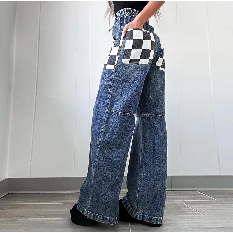 Women Jeans Wide Leg Long Pants Plaid Print Casual Lace Up Elastic Waist Straight Trousers Y2k Streetwear 2025 Mom Denim Pant