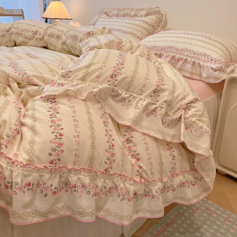 3/4Pc Korean Princess Style Floral Ruffles Bedding Set Single Queen Size Soft Skin-friendly Washed Cotton Duvet Cover Pillowcase