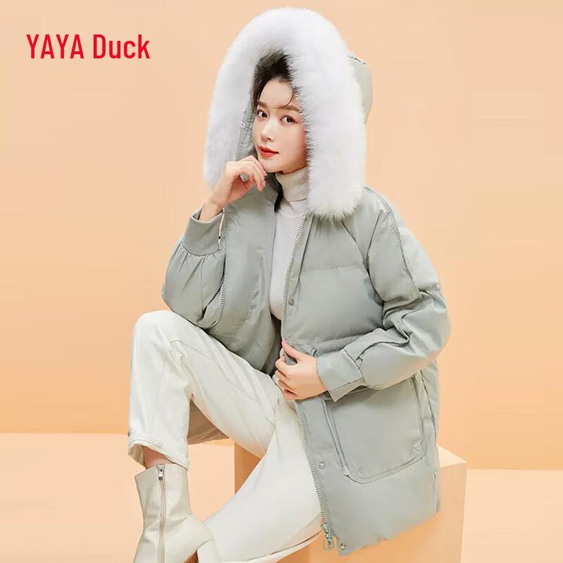 

YAYA Women s Mid-Length Hooded Down Jacket with Fox Fur Collar M