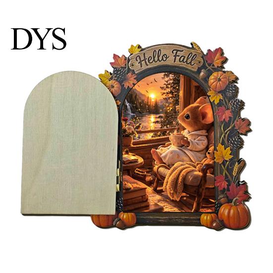 Fall Home Decor Accents Elf Wooden Door Halloween Decor, 2D Fairy Mouse Miniature Wall Rustic Autumn Shelf Hanging, Ornament for Home, Thanksgiving