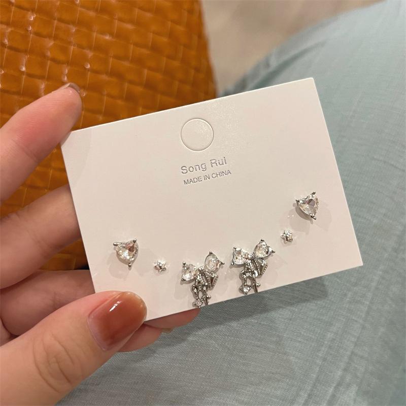 1Set Y2K Bowknot Heart Zircon Stud Earrings For Women Girls Silver Color Exquisite Earrings Set Trendy Jewelry Party Gifts