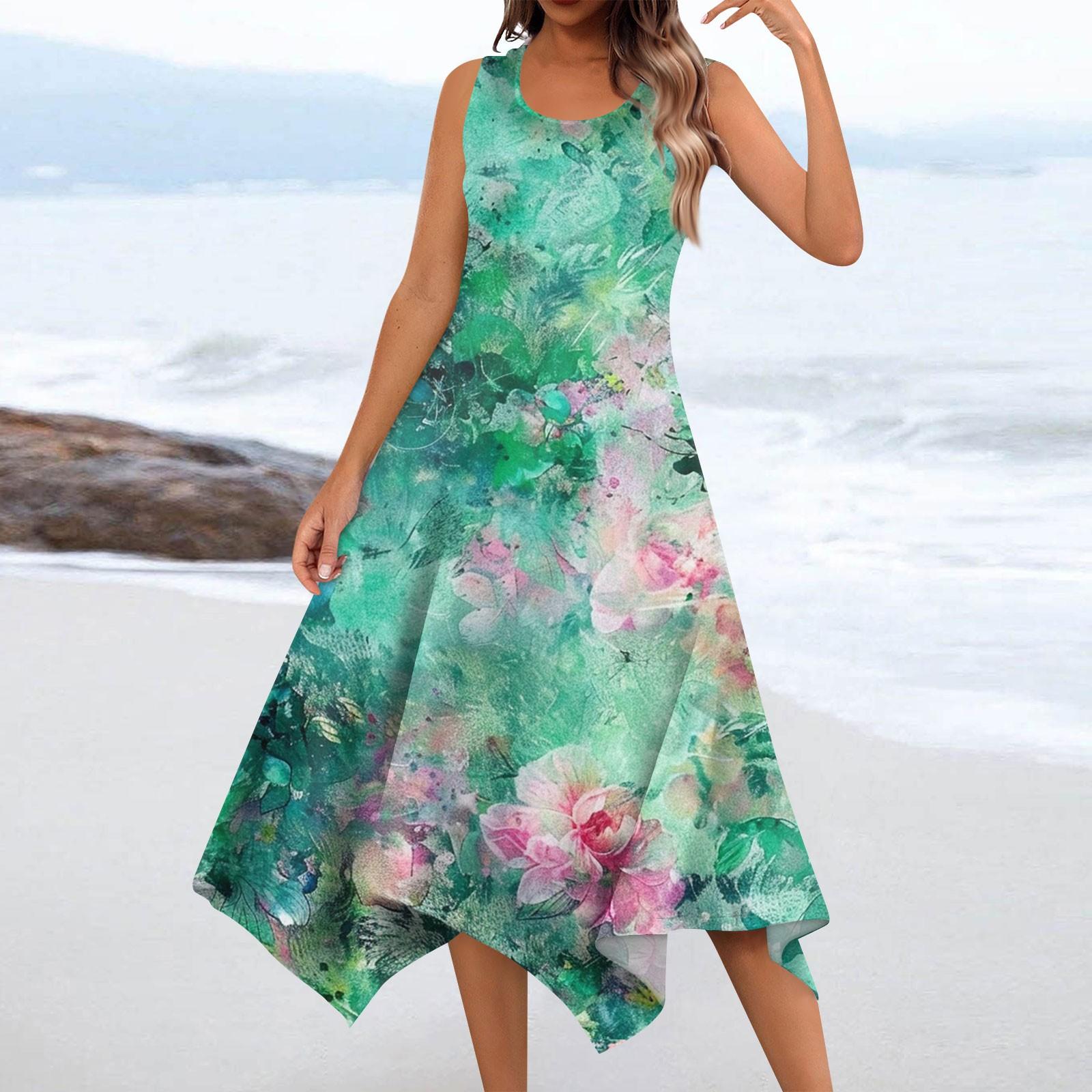 

Женское повседневное модное платье миди без рукавов с круглым вырезом и нерегулярным подолом с цветочным принтом L циан