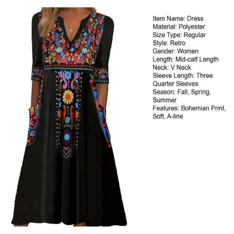 Plus Size Lady Dress V Neck Three Quarter Sleeves Bohemian Sexy A Line Loose Hem Pockets Retro Ethnic Style Print