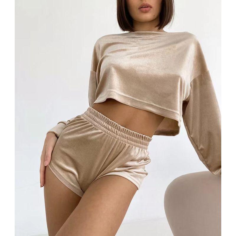 

Fashion Wind Velvet Long Sleeves Tops Shorts Suit Velvet Long Sleeve Shorts Suit Khaki S
