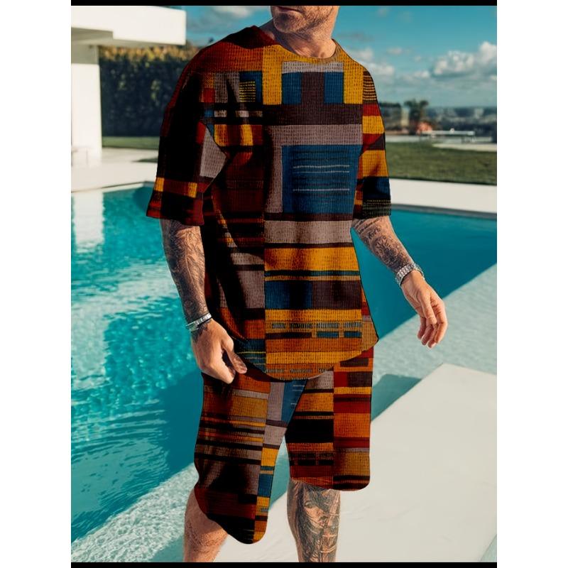 Men'S T-shirt, Shorts, Set, Printed Shirt, Hawaiian Style, Turn- Collar T-shirt, Plaid Pattern, Outdoor, Street Style