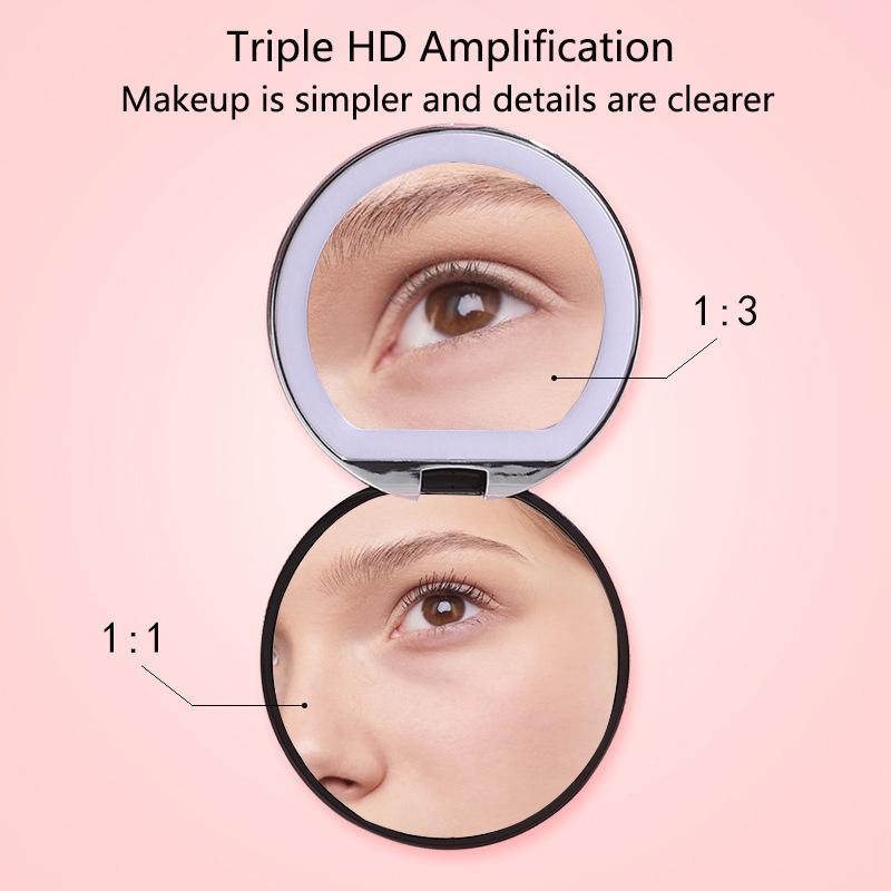 Mini Portable LED Light Makeup Mirror 3X Magnifying HD Mirror with 3 Levels of Brightness USB Charging Travel Foldable Mirror