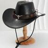 Vintage Faux Leather Classic Wide Brim Cowboy Hat Bullhead Decor Outdoor Sun Shield Hat Men Women Western Style Cowgirl Jazz Cap