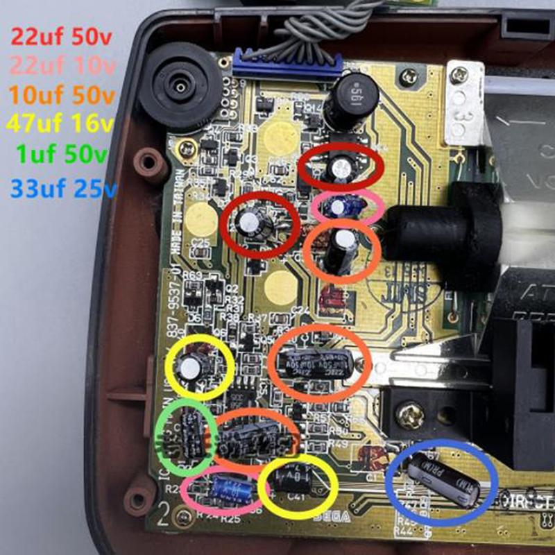 Kondenzátory pro Sega Gamegear Gg základní desky, opravy a výměna kondenzátorů
