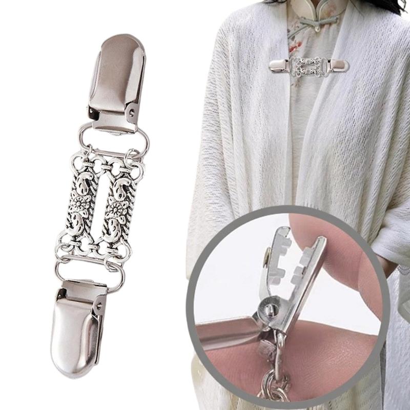 Sweater Clasp Fastener with Silver Tone Floral Center Detail and Double Spring Holders for Cardigan Neckline Shawl Scarf Styling, 1 Piece