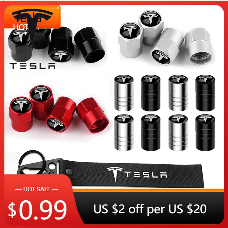 Bilklistermärke Tesla 4 st Bilhjul Däckventilhatt Nylon Nyckelring Snöre Nyckelringar För Tesla WYE Invader Juguete Modell 3 Y S X Spa