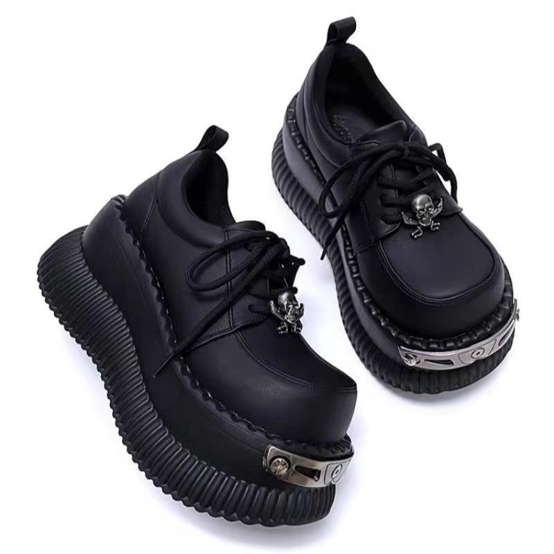 Women's Metal Decorated Round Toe Thick-soled Loafers for Women High-heeled Lace-up Fashionable Solid Color Low-top Shoes