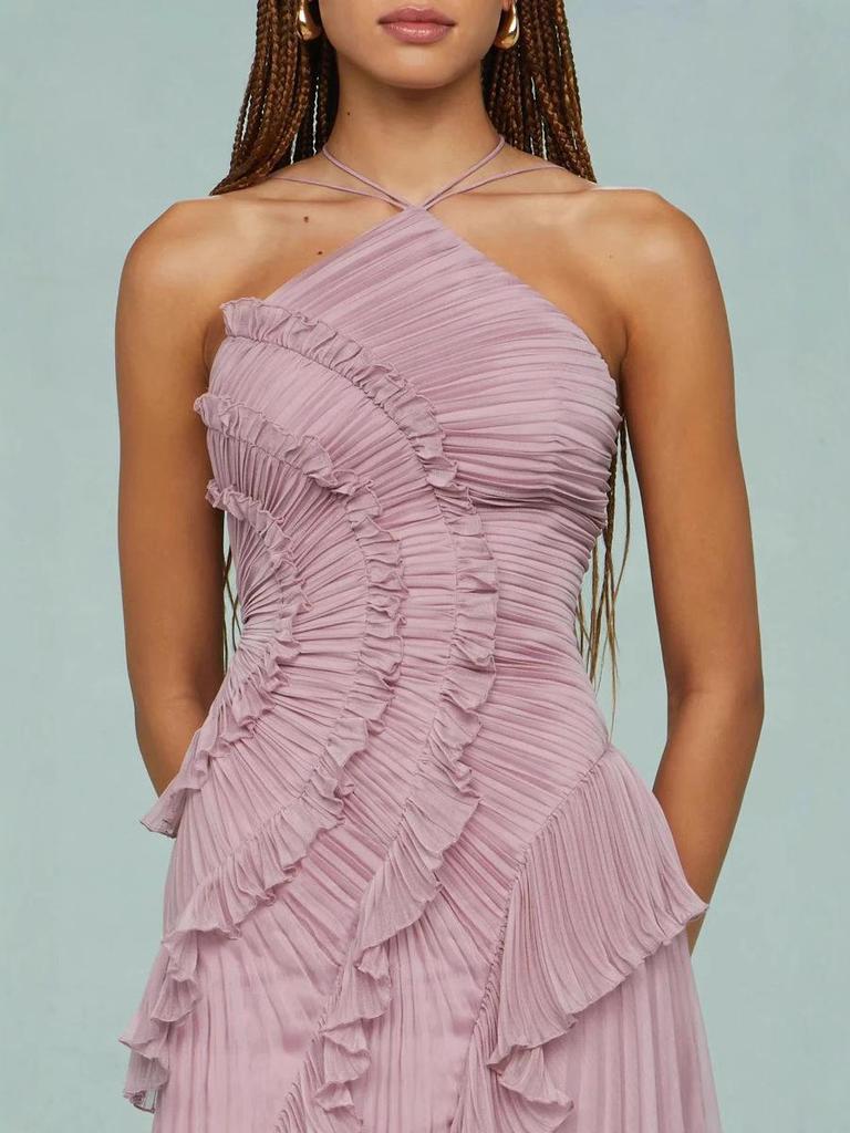 High-End Women's Chiffon Midi Dress with Ruffle Pleats, European and American Fashion