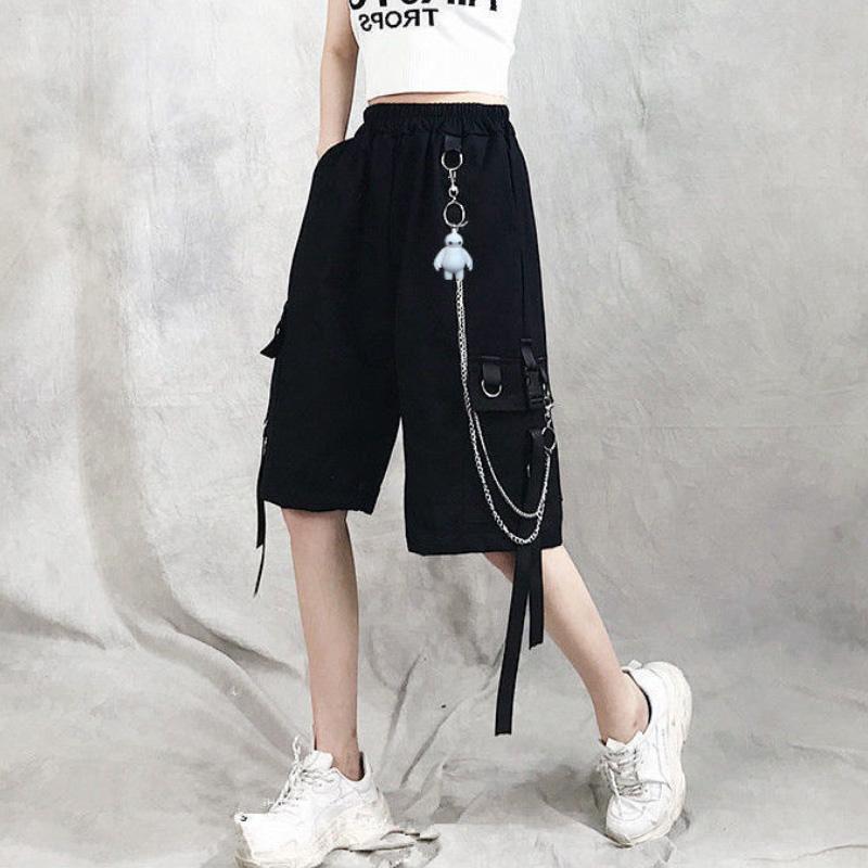 

Шорты-карго, женские летние тонкие брюки с пятью точками, модные повседневные брюки большого размера, винтажные комбинезоны в стиле хип-хоп, уличная женская одежда 3XL чёрный