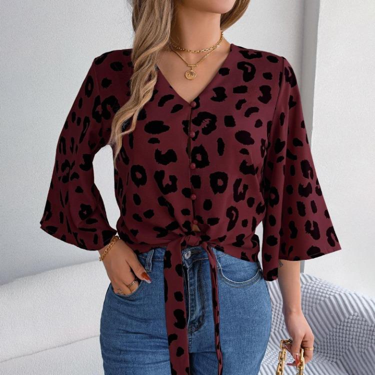 Fashion Leopard Print Women Blouse Long Sleeve V Neck Shirt Spring Autumn Temperament Top