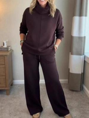 2025 Women's Casual Two-Piece Set: High Neck Solid Color Hoodie & Top for Autumn/Winter