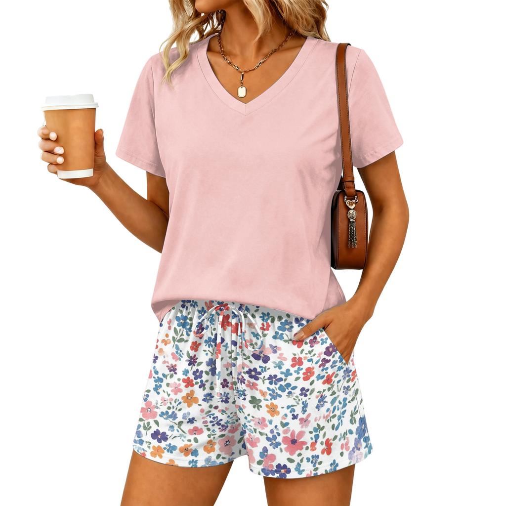 Women Two Piece Set V Neck Short Sleeve Top and Elastic Waist Drawstring Shorts Casual Lounge Wear Summer Pajama Set