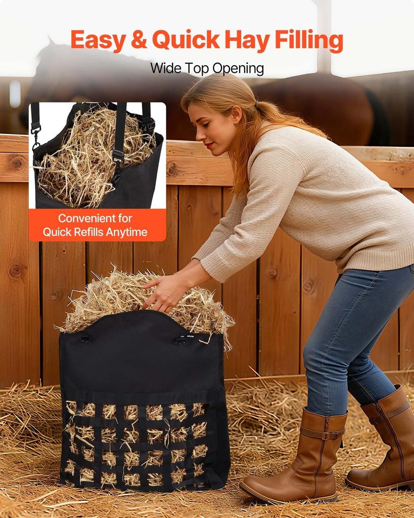 Hay Bag for Horses, 55 X 18.5 X 64 Cm, 46 X 46 Mm Holes, Premium Nylon Construction with PVC Waterproof Coating, Adjustable Hanging Straps and Metal