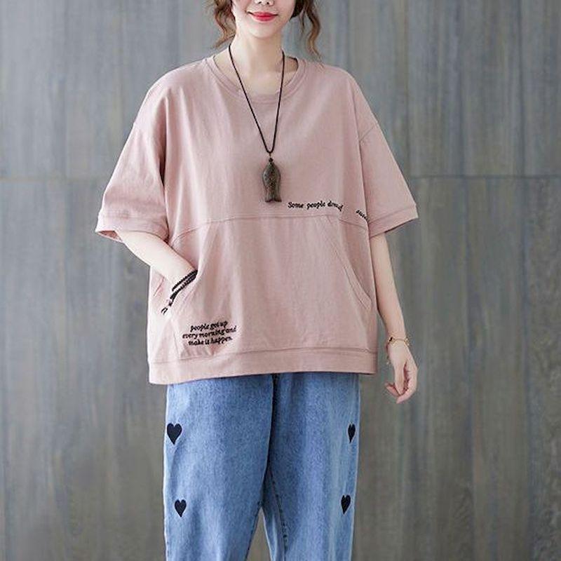 Bawełniane T-shirty Damskie Moda Haft Literacki Oversize T-shirt Casual Luźny Krótki Rękaw Pulower Kieszeń T-shirt Letni