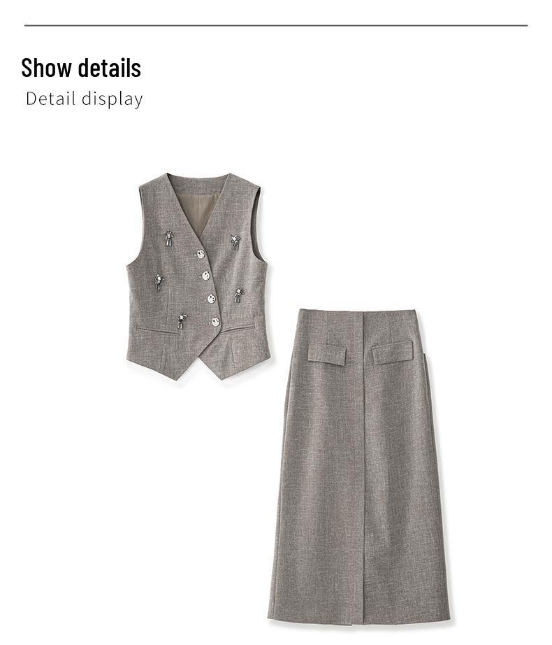 Old Money V-neck Button Vest & Fashionable Midi Skirt Two-piece Set